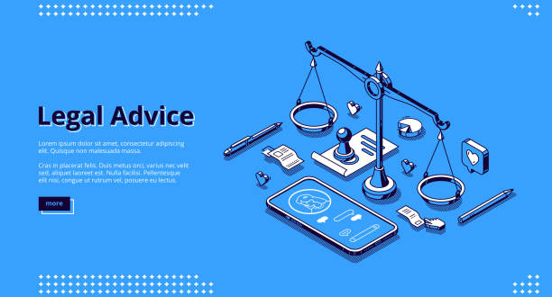 Landing page of legal advice service Legal advice banner. Online assistance of lawyer for regulation legal issues for compliance to rules. Vector landing page of advocate services with isometric illustration of scales and phone call law illustrations stock illustrations