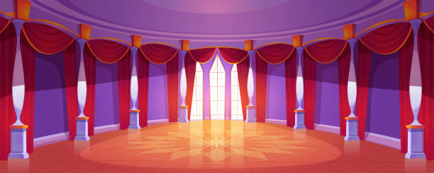 Ballroom interior in medieval royal castle Ballroom interior in medieval royal castle. Vector cartoon illustration of empty round banquet hall in baroque palace with columns, tall windows, red curtains and glossy floor ballroom stock illustrations