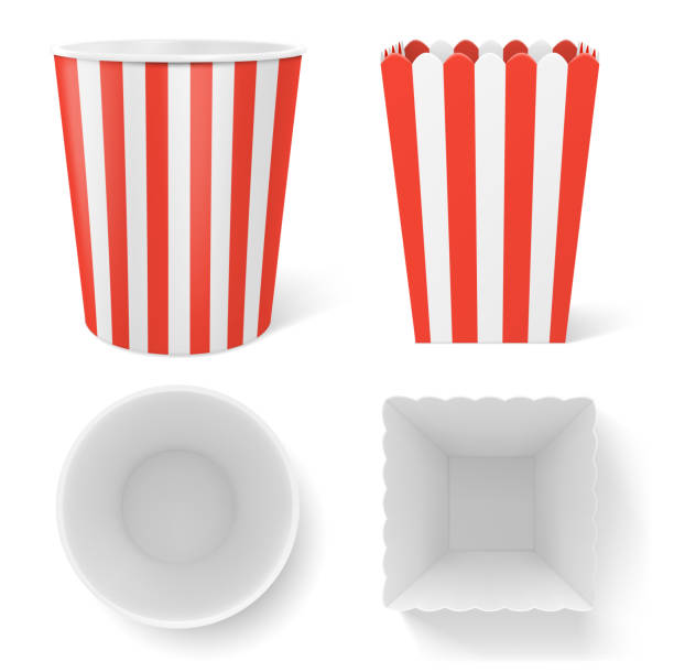 Striped bucket for popcorn, hen wings or legs pack Striped bucket for popcorn, chicken wings or legs mockup isolated on transparent background. Empty red white stripy pail fastfood, paper hen bucketful, food box render Realistic vector top front view nuggets heat stock illustrations