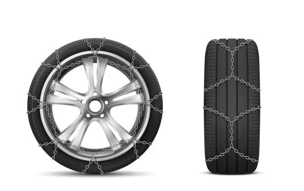 Vector illustration of Car tires with snow chains for winter road vector