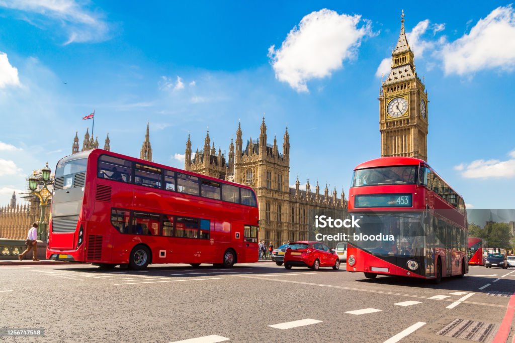 Big Ben, Westminster Bridge, red bus in London Big Ben, Westminster Bridge and red double decker bus in London, England, United Kingdom Bus Stock Photo