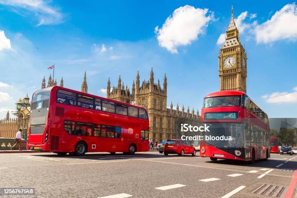 Big Ben Westminster Bridge Red Bus In London Stock Photo - Download Image Now - Bus, UK, Central London