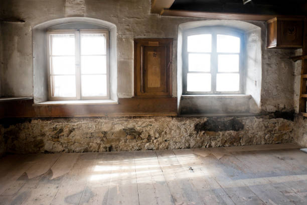 Windows in a living room of a 300 year old farmhouse stock photo