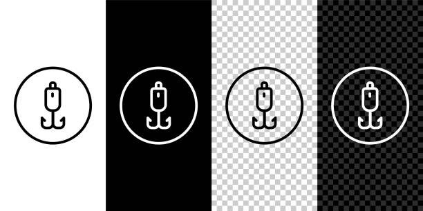 Set line Fishing hook icon isolated on black and white background. Fishing tackle. Vector Set line Fishing hook icon isolated on black and white background. Fishing tackle. Vector barb feather part stock illustrations