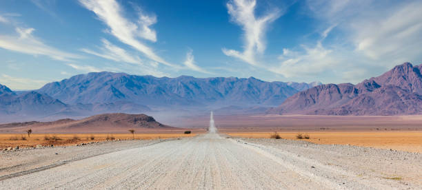 road and landscape in namibia - landscape panoramic kalahari desert namibia imagens e fotografias de stock