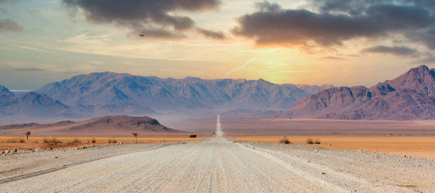 road and landscape in namibia - landscape panoramic kalahari desert namibia imagens e fotografias de stock