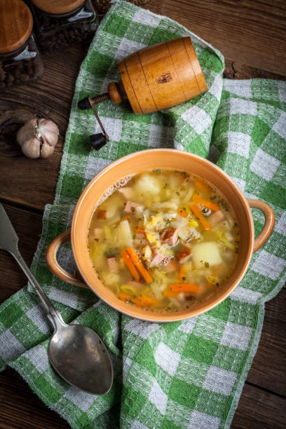 istock Pea soup with vegetables and bacon. 1256752030