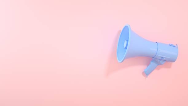 istock 3d render of realistic isolated blue megaphone on pastel pink background. Advertisement idea. Conceptual illustration with copy space. 3D render. 1256752033