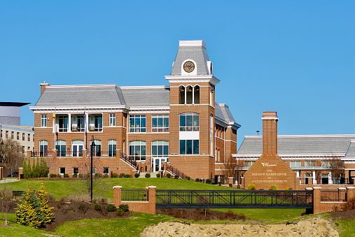 Morgantown, West Virginia / USA - April 5, 2015: West Virginia University’s Erickson Alumni Center is a prominent landmark on the university’s Evansdale Campus near Mountaineer Field.