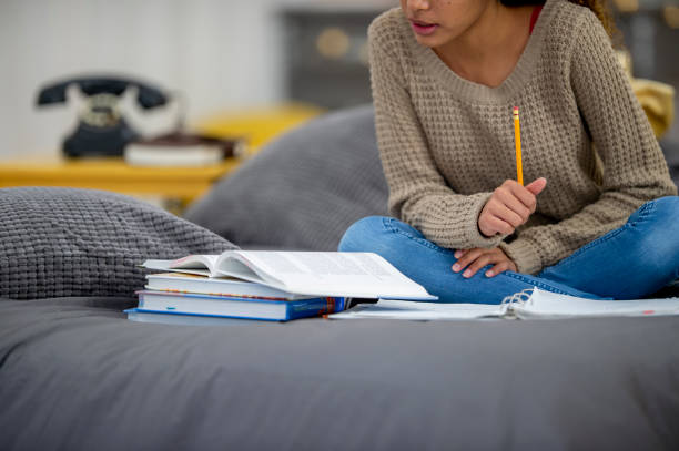 istock Teenage girl does school work from home 1256756633