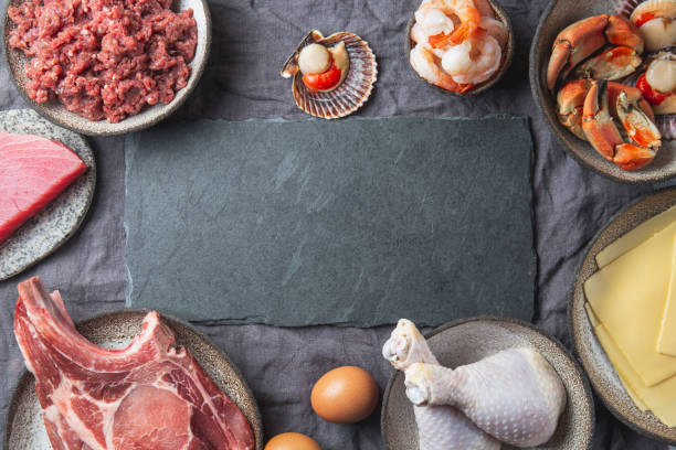 sfondo delle fonti proteiche animali con spazio di copia. concetto di dieta carnivora. carne, formaggio, pesce, uova e frutti di mare - zero carb foto e immagini stock