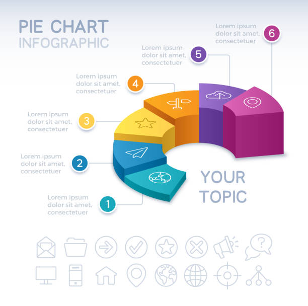 ilustraciones, imágenes clip art, dibujos animados e iconos de stock de gráfico circular infográfico de seis secciones 3d - tiered