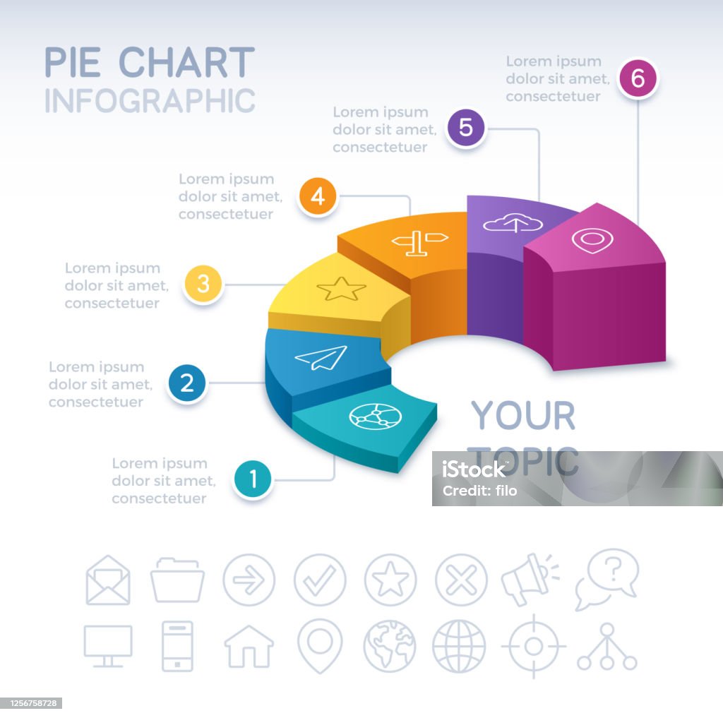 Six Section 3D Infographic Pie Chart Pie chart 3D infographic isometric six 6 option pie chart info and data design. Infographic stock vector