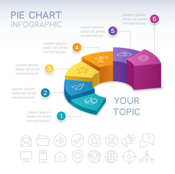 Six Section 3D Infographic Pie Chart Pie chart 3D infographic isometric six 6 option pie chart info and data design. number 6 stock illustrations