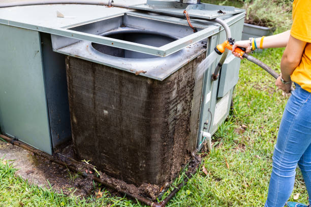 istock Person cleaning dirty condenser coils on an air conditioner system 1256759663