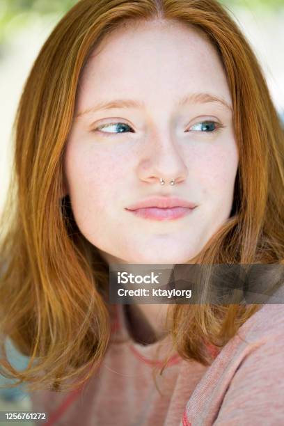 Closeup Of Redheaded Teen With Nose Ring Stock Photo - Download Image Now - Light Skin Tone, Portrait, Women