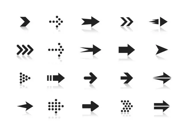 Vector illustration of Arrows black and white vector icons set. Pointers in circle and rectangle isolated symbols pack. Next, forward, previous buttons monochrome signs bundle. Cursors pictograms collection