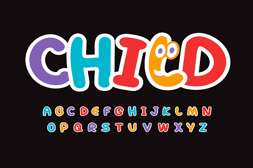 Child letters set. Bright colorful style alphabet. Funny font for birthday, childrens toys, school logos or art banner. Childhood vector typography design