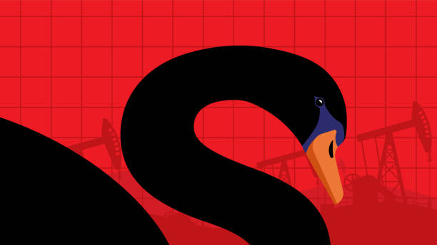 schwarzer schwan. ölpumpen auf rotem hintergrund. das konzept des ölmarktes, eine plötzliche krise, prognosen und prognosen. vektor-illustration für blogs, artikel, massenmedien. weltkrisenmetapher. - black swan stock-grafiken, -clipart, -cartoons und -symbole