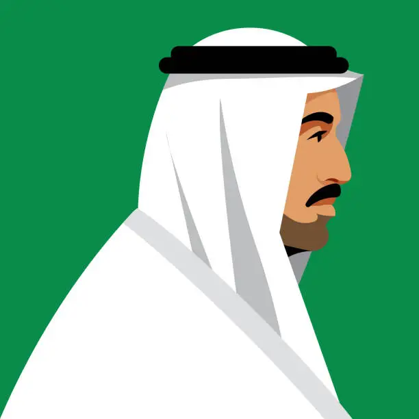 Vector illustration of Arab business man wearing UAE traditional dress. Elderly man with beard. Male portrait, Side view, head, shoulders. Resident Middle East. Modern vector illustration