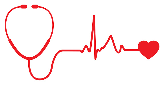 Vector illustration of a red stethoscope with a pulse trace and heart on the end of end.