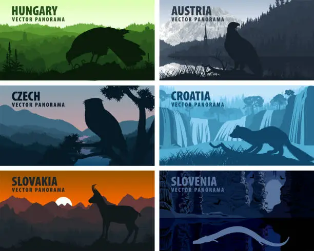 Vector illustration of Vector set of European countries illustrations - Austria, Croatia, Slovenia, Czech Republic, Slovakia, Hungary with animals