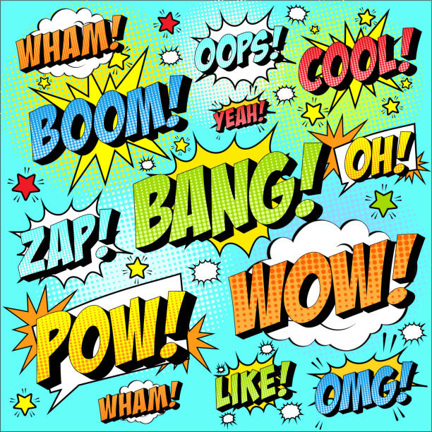 bunte satz von comic-ikone im pop-art-stil. wham, wow, oops, cool, ja, boom, bang, zap, oh, pow, wow, omg, like. - exclamation point speech speech bubble green stock-grafiken, -clipart, -cartoons und -symbole