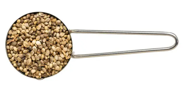 hemp seeds on metal measuring scoop, isolated on white, top view