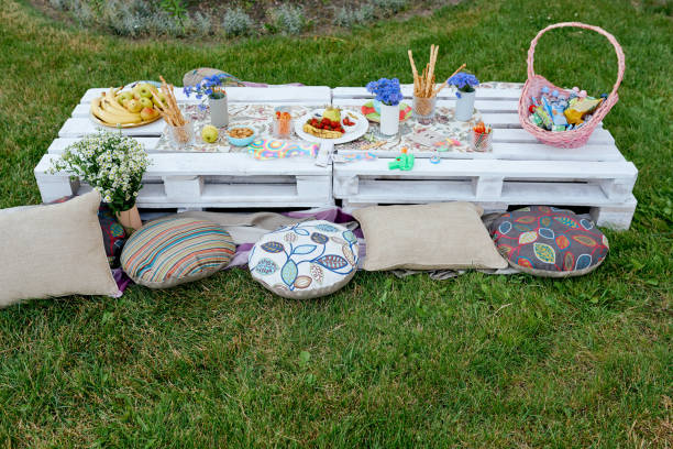 istock children's picnic table on the grass candy sweets and fruit 1256773579