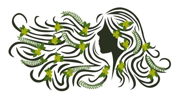 ilustrações de stock, clip art, desenhos animados e ícones de floral long hair woman profile in the wind, green leaves line art - human hair flowing fashion beauty spa