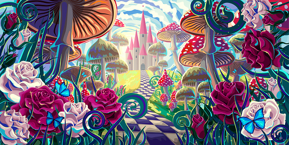 fantastic landscape with mushrooms, beautiful old castle, red and white roses and butterflies.