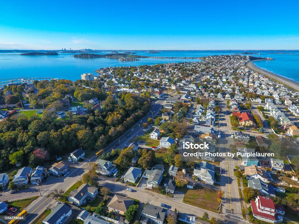 Hull MA with boston in distance Drone / aerial view above Hull / Nantasket Beach massachusetts Massachusetts Stock Photo