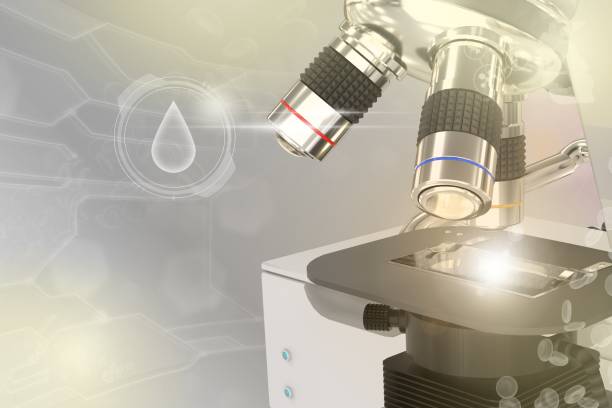 istock Medical development concept, laboratory modern scientific microscope on colorful overlay background - medical 3D illustration 1256780390