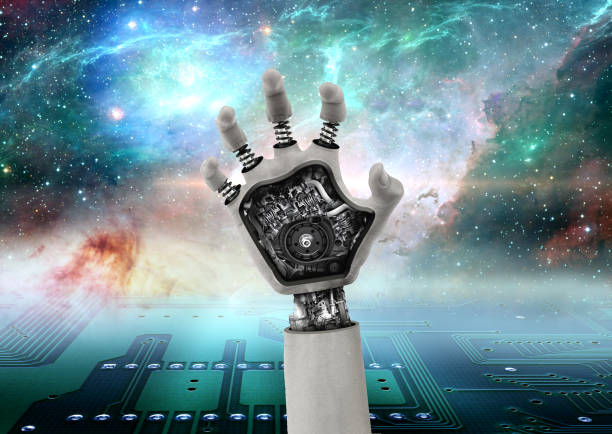 istock close-up hand open cyborg with gears exposed, background virtual environment 1256780411