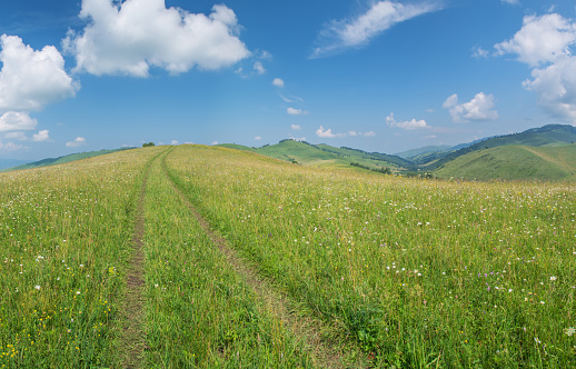 Beautiful rural landscape, country road. Green hills and blue sky with white clouds. Scenic summer view.