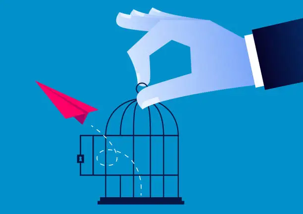 Vector illustration of Freedom, the red paper airplane flies out of the cage opened by the giant