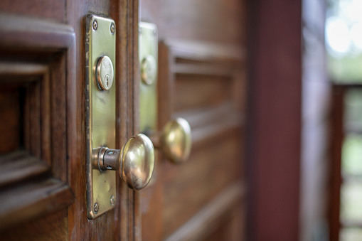 brass door knobs on wooden door of house