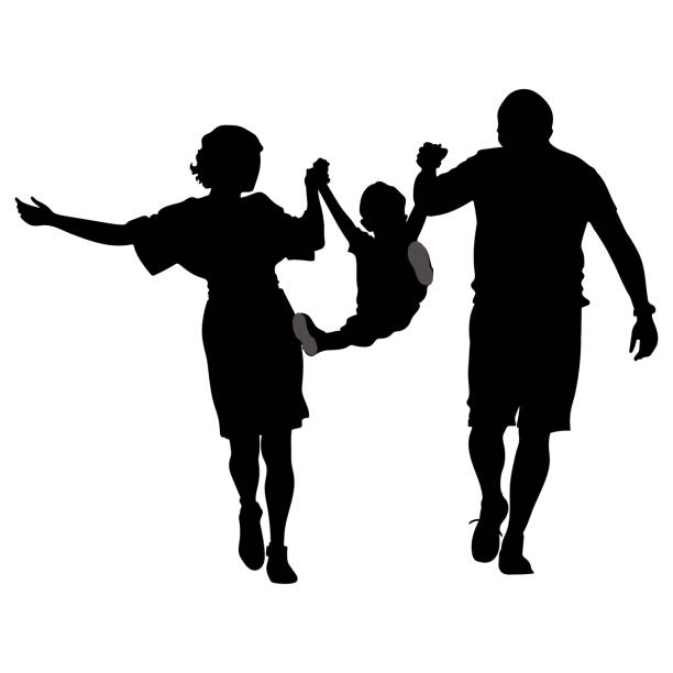 illustrations, cliparts, dessins animés et icônes de famille, silhouettes vectorielles de personnes marchantes. une femme en robe et un homme en short tiennent l’enfant par les mains, le garçon est suspendu et joyeusement balancer ses jambes, le bonheur, la joie, l’harmonie. - short tall men couple