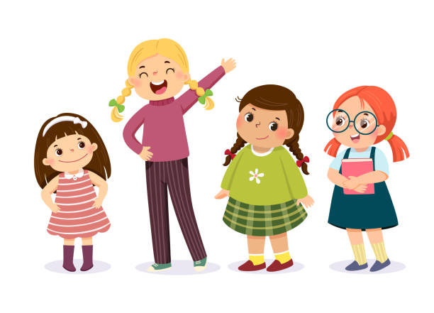 wektorowa ilustracja uroczych dziewczynek o różnym charakterze na białym tle. - growth child human height short stock illustrations
