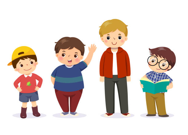 векторная иллюстрация милых мальчишек в разном характере на белом фоне. - child little boys people friendship stock illustrations