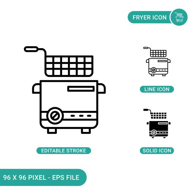 Fryer icons set vector illustration with solid icon line style. Potato basket concept. Fryer icons set vector illustration with solid icon line style. Potato basket concept. Editable stroke icon on isolated background for web design, infographic and UI mobile app. deep fryer stock illustrations