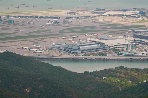 public airport area and aircrafts in hong kong
