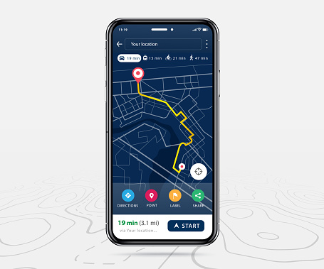 Mobile map GPS, Smartphone map application and red pinpoint on screen, App search map navigation, isolated on line maps background, Vector illustration for graphic design