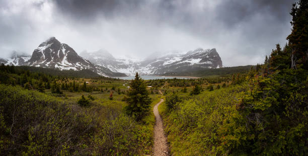 Iconic Mt Assiniboine Provincial Park near Banff Hiking Trail in the Iconic Mt Assiniboine Provincial Park near Banff, Alberta, Canada. Canadian Mountain Landscape Background Panorama. Cloudy Dramatic Rainy Day. lake magog photos stock pictures, royalty-free photos & images