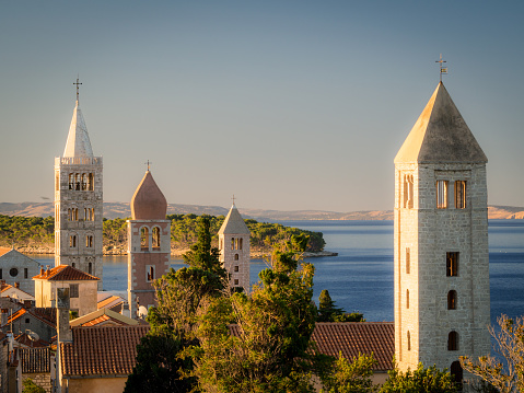 Classic view with belltowers of the churches of Rab croatia