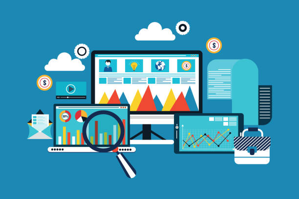 istock Flat design concept of business big data analysis, global analytics, financial research report 1256806832