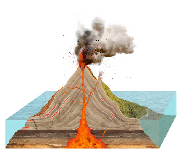 Diagram of volcano isolated on white background A volcano is a rupture in the crust of a planetary-mass object, such as Earth, that allows hot lava, volcanic ash, and gases to escape from a magma chamber below the surface volcanics stock illustrations