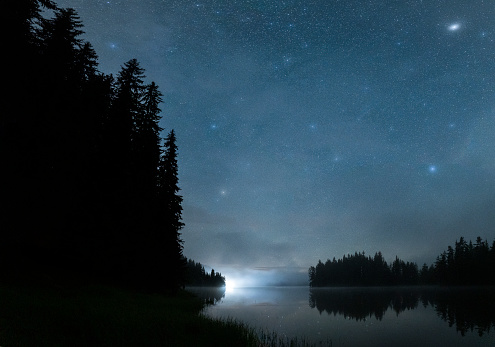 Starry sky near a mountain lake that looks like wonderland.