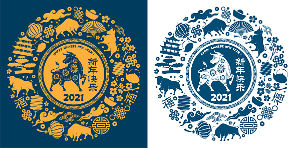 Chinese New Year 2021 round design with ox, zodiac symbol of the year, auspicious traditional and holidays objects. Translate from chinese : Happy New Year, Fu, symbol of Luck. Vector illustration.