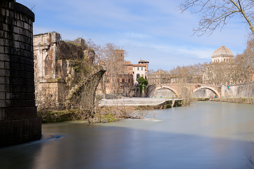 Emilio bridge or Ponte Rotto, ancient Roman bridge over the Tiber river, near the Isola Tiberina island in Rome, Italy